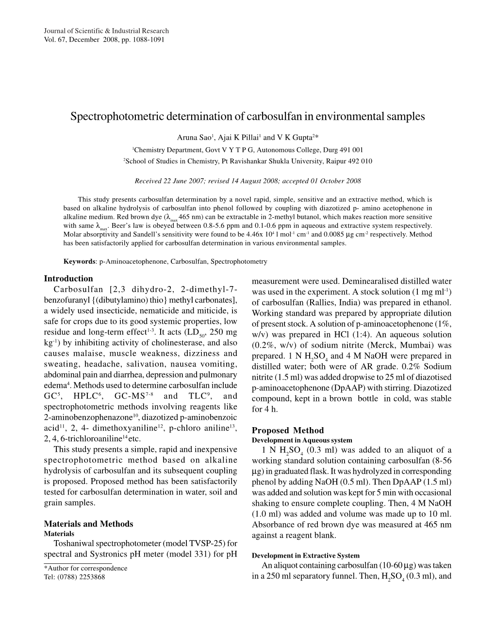 Spectrophotometric Determination of Carbosulfan in Environmental Samples