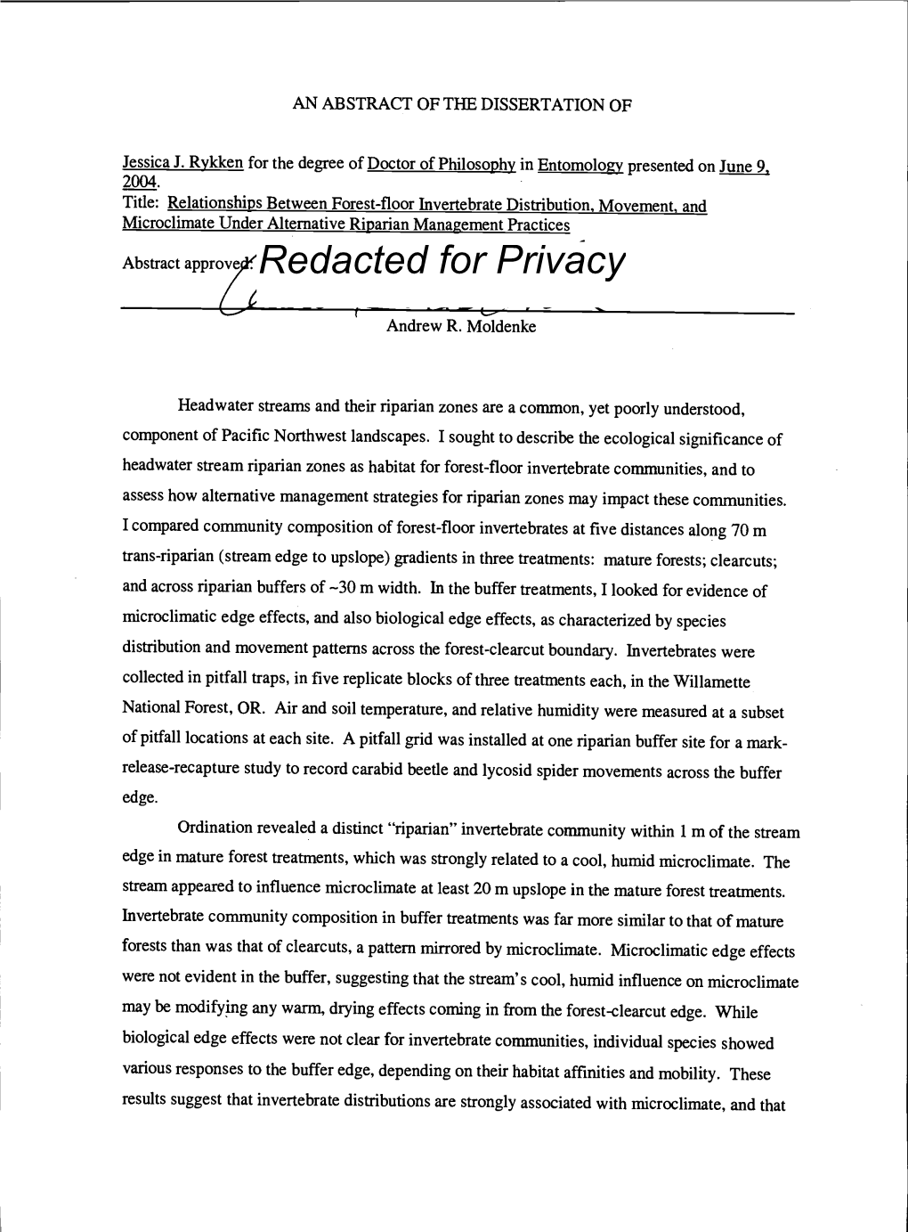 Relationships Between Forest-Floor Invertebrate Distribution, Movement, and Microclimate Under Alternative Riparian Management Practices Redacted for Privacy