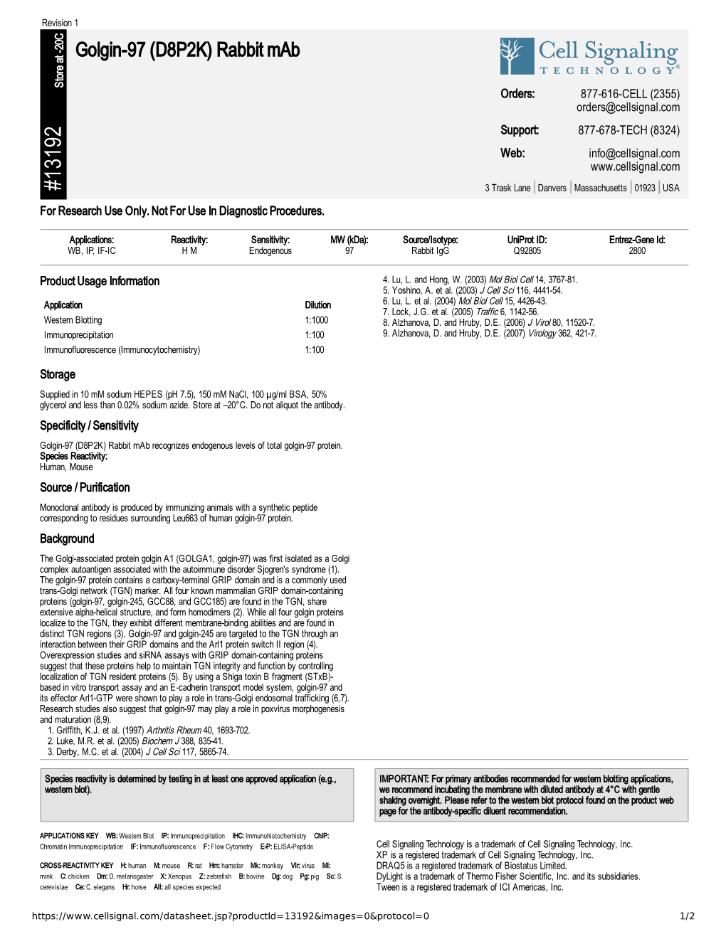 13192 Golgin-97 (D8P2K) Rabbit Mab