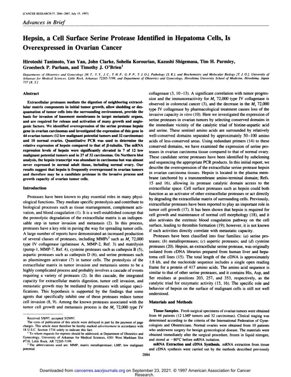 Hepsin, a Cell Surface Serine Protease Identified in Hepatoma Cells, Is Overexpressed in Ovarian Cancer