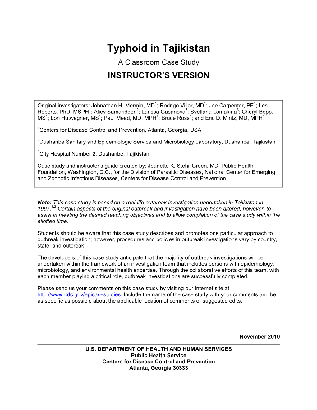 Typhoid in Tajikistan a Classroom Case Study INSTRUCTOR’S VERSION