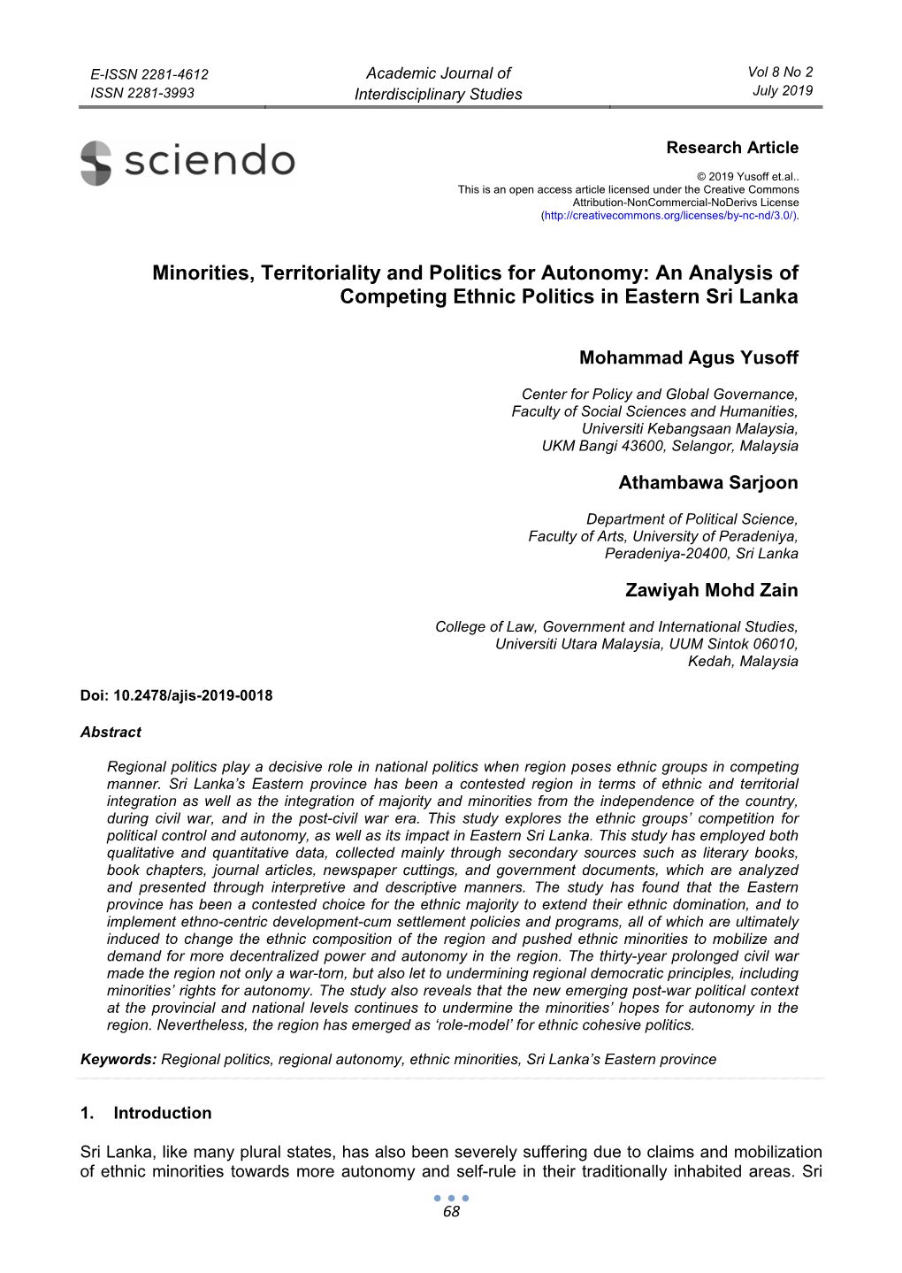 An Analysis of Competing Ethnic Politics in Eastern Sri Lanka