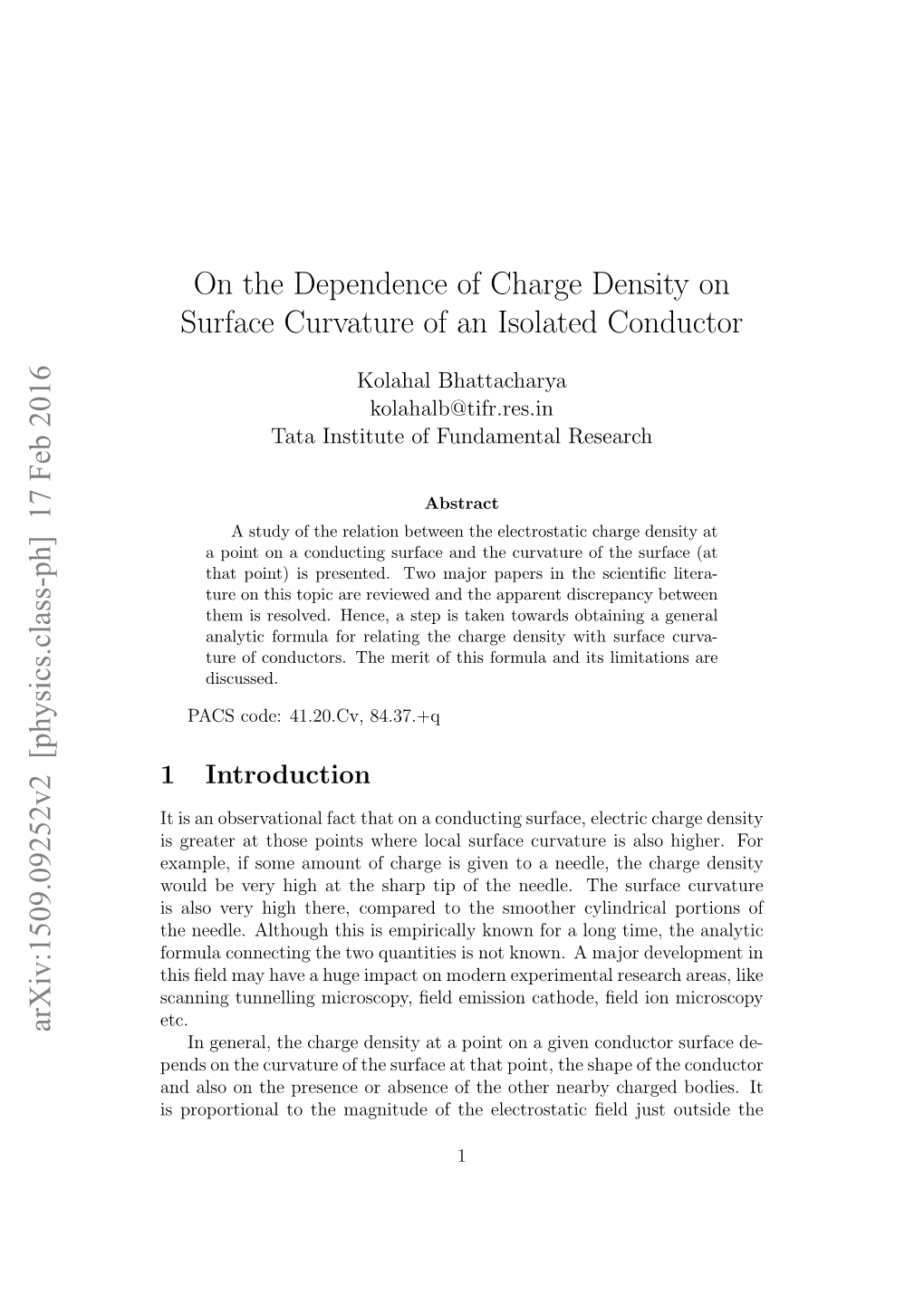 On the Dependence of Charge Density on Surface Curvature of an Isolated Conductor