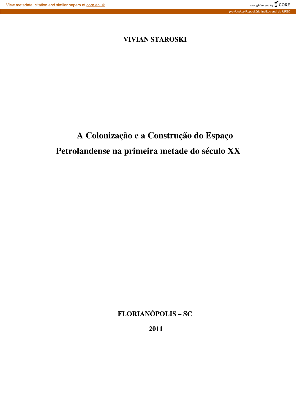 A Colonização E a Construção Do Espaço Petrolandense Na Primeira Metade Do Século XX