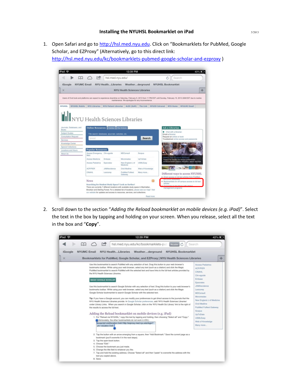 NYUHSL Bookmarklet for Ipad