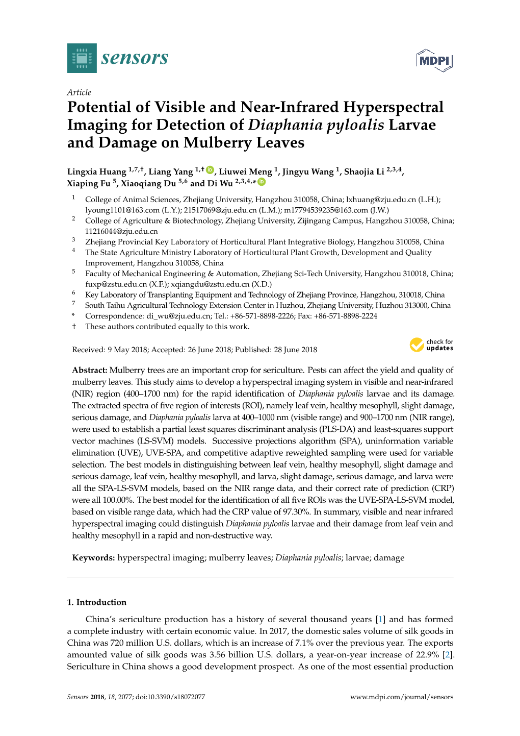 Potential of Visible and Near-Infrared Hyperspectral Imaging for Detection of Diaphania Pyloalis Larvae and Damage on Mulberry Leaves