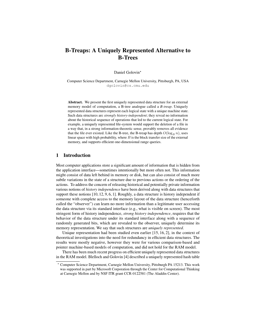 B-Treaps: a Uniquely Represented Alternative to B-Trees