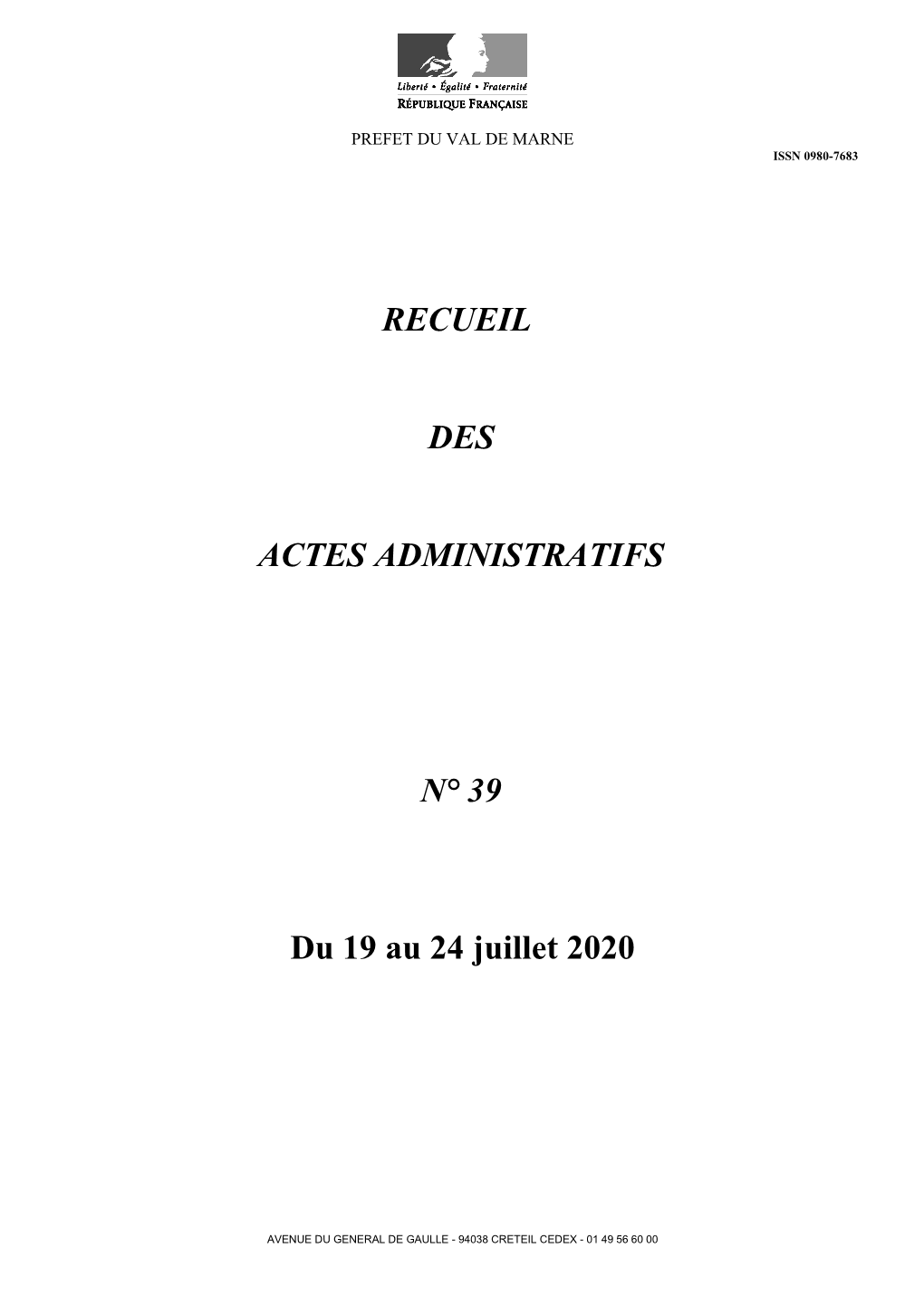 RECUEIL DES ACTES ADMINISTRATIFS N° 39 Du 19 Au 24 Juillet 2020