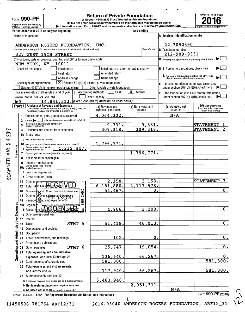 2016 Information About Form 990-PF and Its Separate Instructions Is At