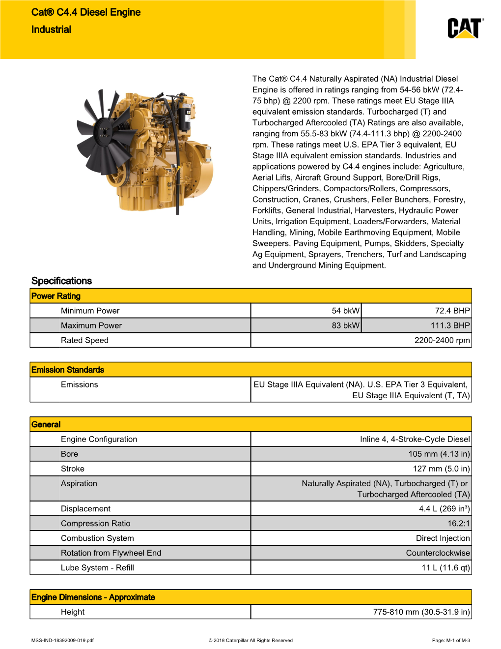 Specifications Cat® C4.4 Diesel Engine Industrial