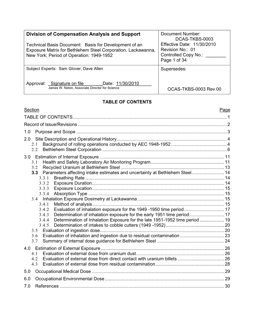 Basis for Development of an Exposure Matrix for Bethlehem Steel Corporation, Lackawanna, New York; Period of Operation: 1949-1952, Rev