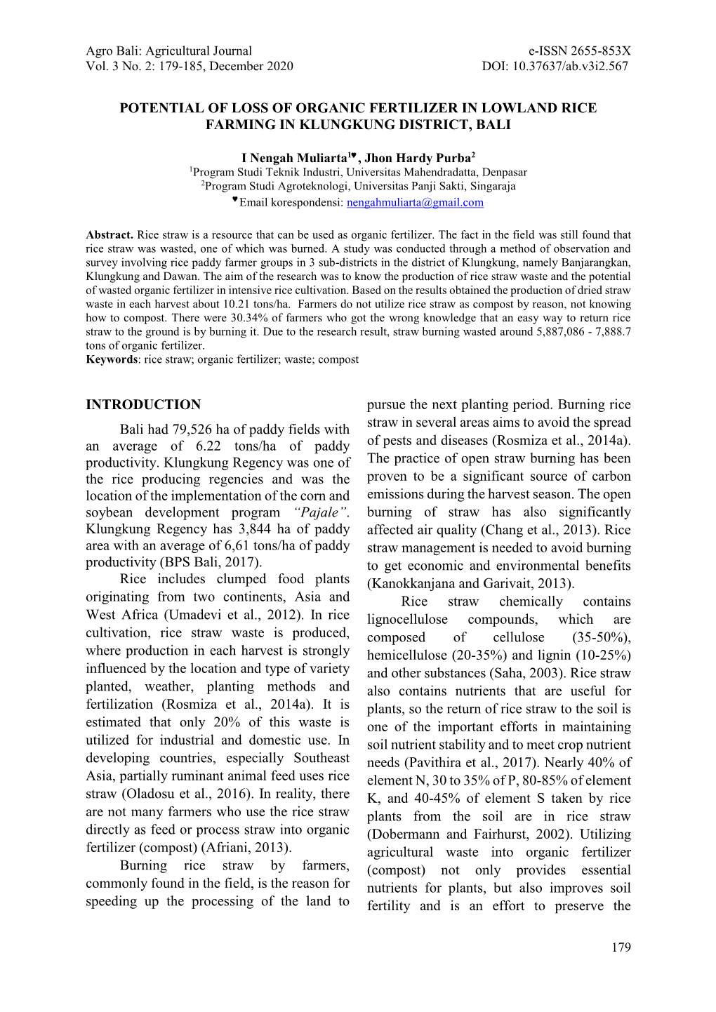 Potential of Loss of Organic Fertilizer in Lowland Rice Farming in Klungkung District, Bali