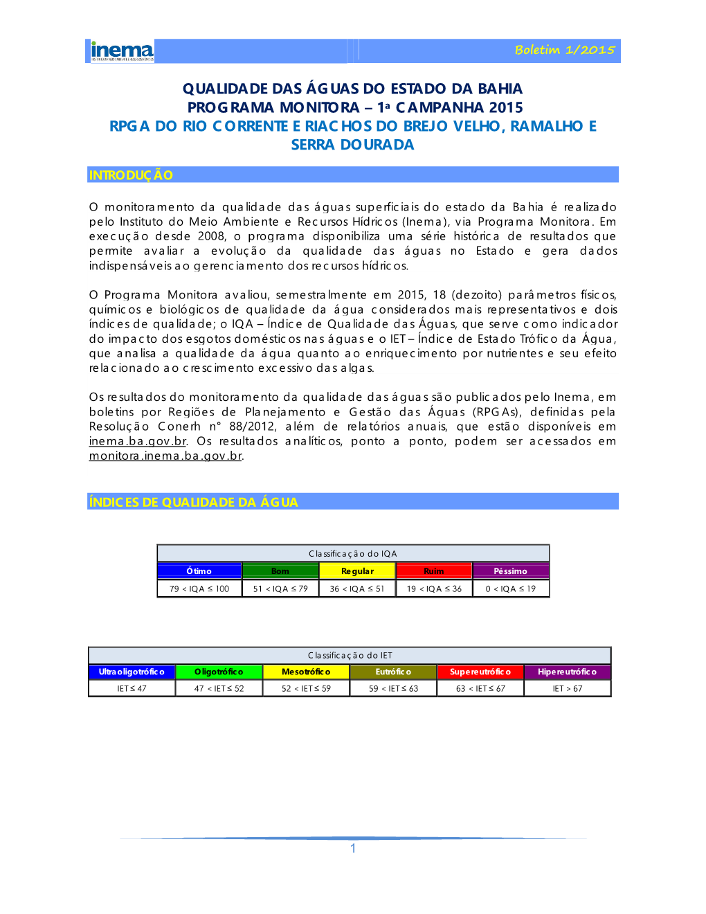 QUALIDADE DAS ÁGUAS DO ESTADO DA BAHIA PROGRAMA MONITORA – 1A CAMPANHA 2015 RPGA DO RIO CORRENTE E RIACHOS DO BREJO VELHO, RAMALHO E SERRA DOURADA