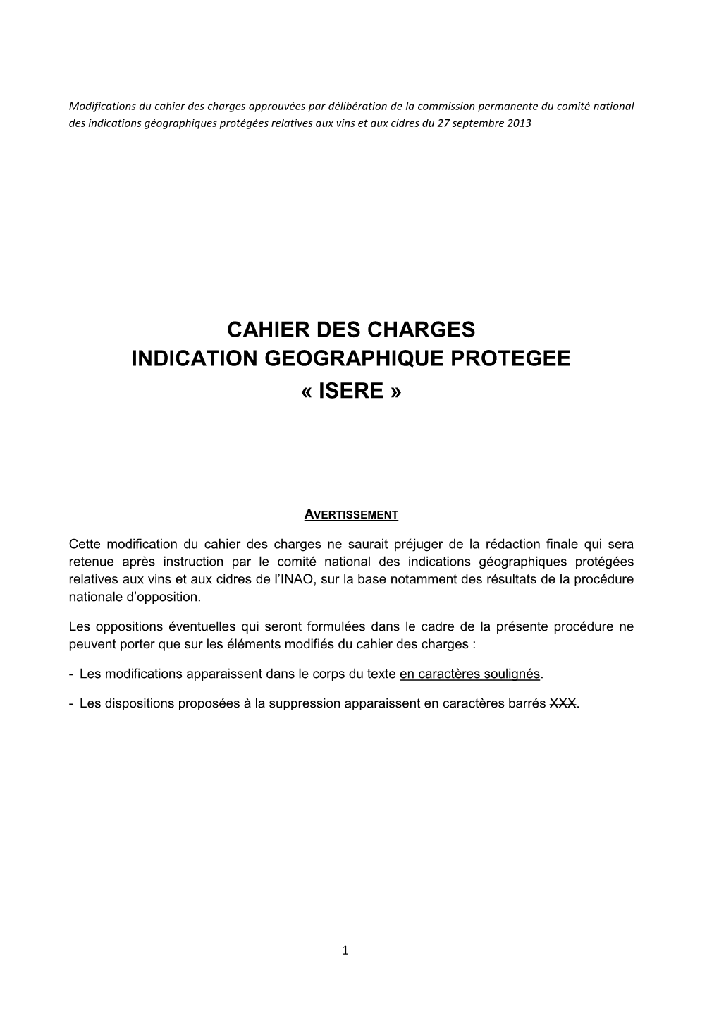 Cahier Des Charges Indication Geographique Protegee « Isere »