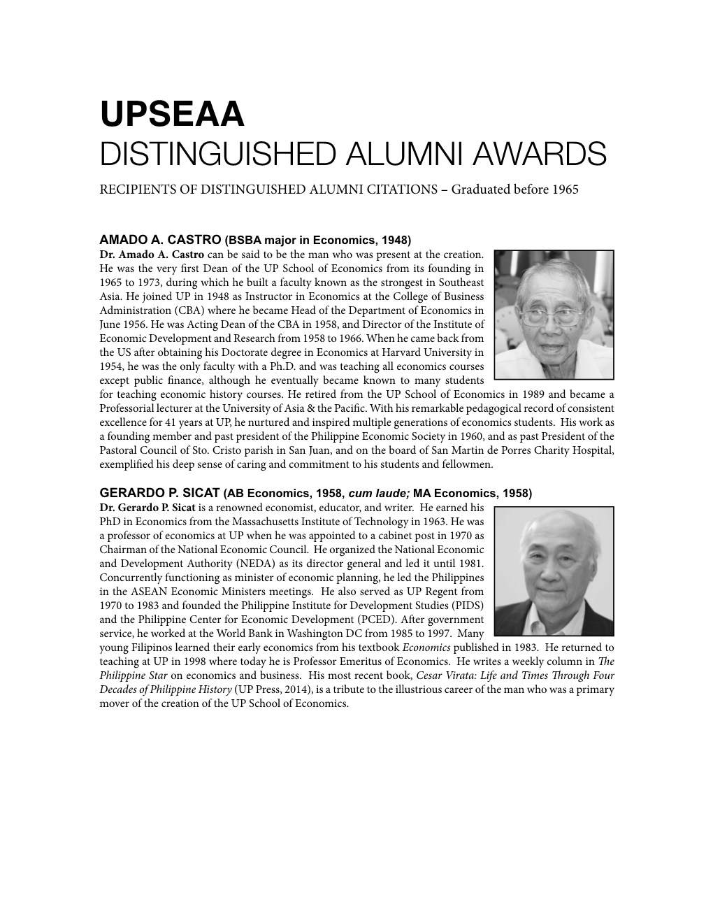 UPSEAA DISTINGUISHED ALUMNI AWARDS RECIPIENTS of DISTINGUISHED ALUMNI CITATIONS – Graduated Before 1965