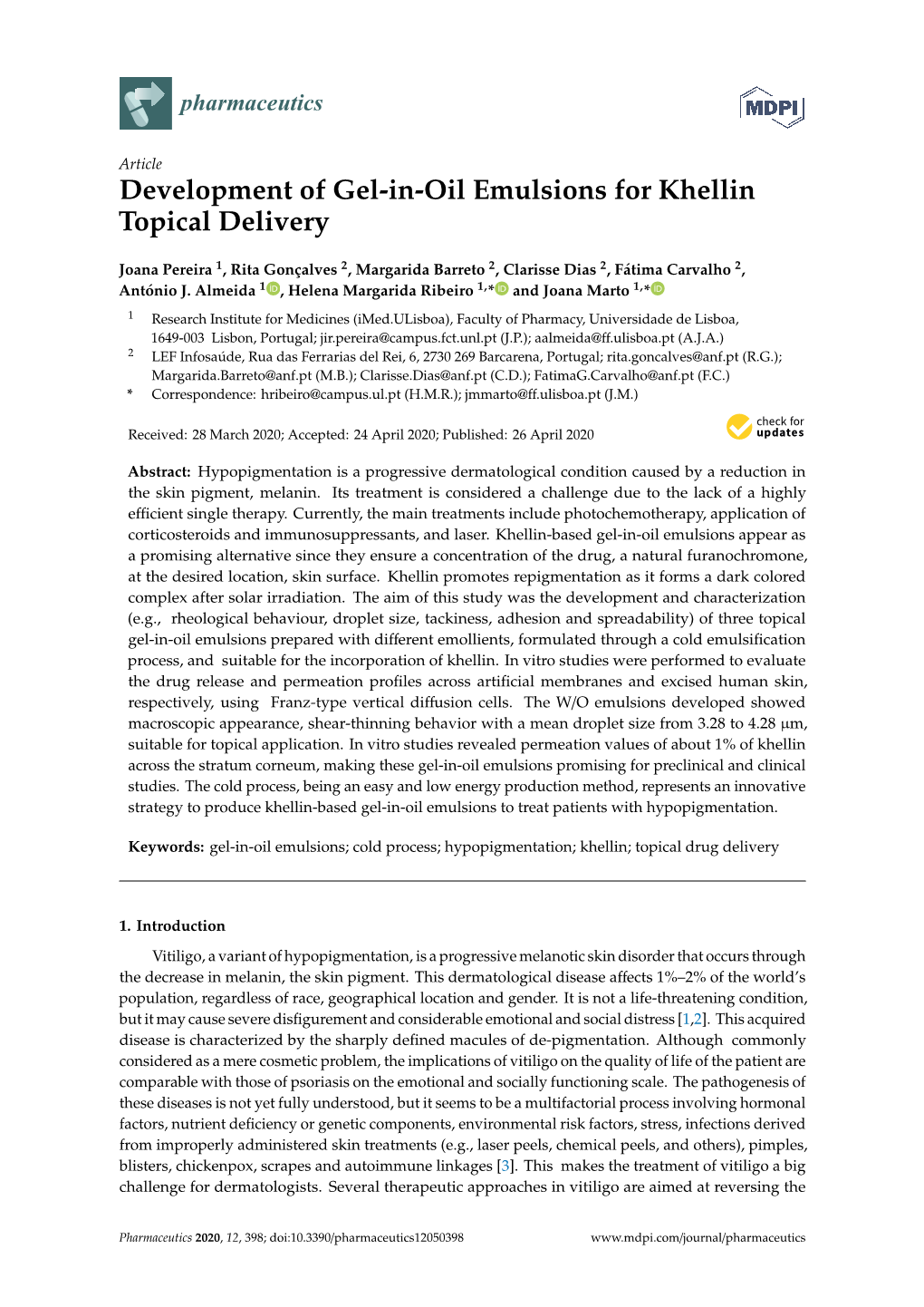 Development of Gel-In-Oil Emulsions for Khellin Topical Delivery