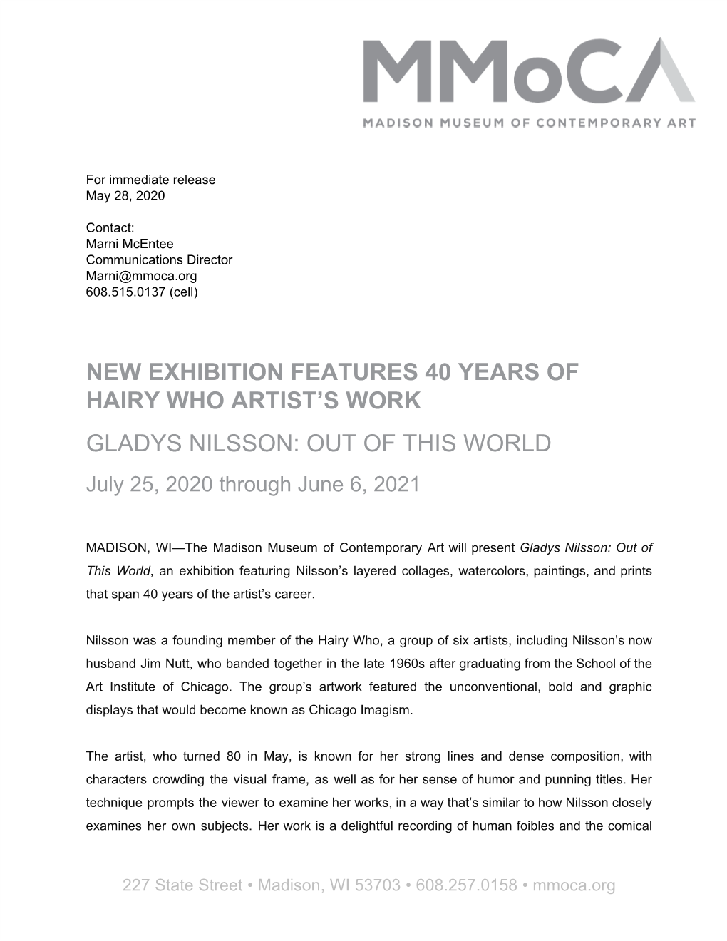 GLADYS NILSSON: out of THIS WORLD July 25, 2020 Through June 6, 2021