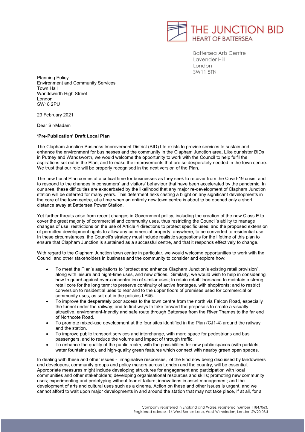 Battersea Arts Centre Lavender Hill London SW11 5TN Planning Policy Environment and Community Services Town Hall Wandsworth High Street London SW18 2PU