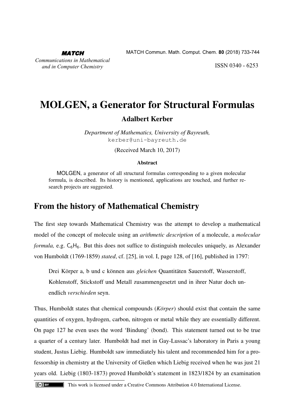 MOLGEN, a Generator for Structural Formulas Adalbert Kerber