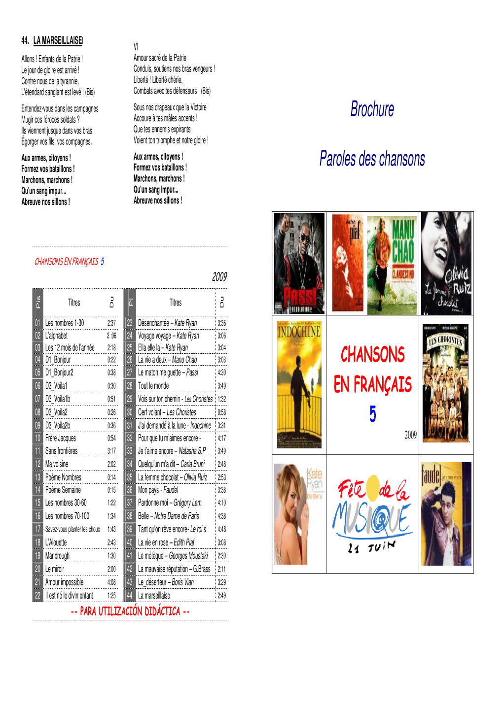Brochure Paroles Des Chansons CHANSONS EN FRANÇAIS 5