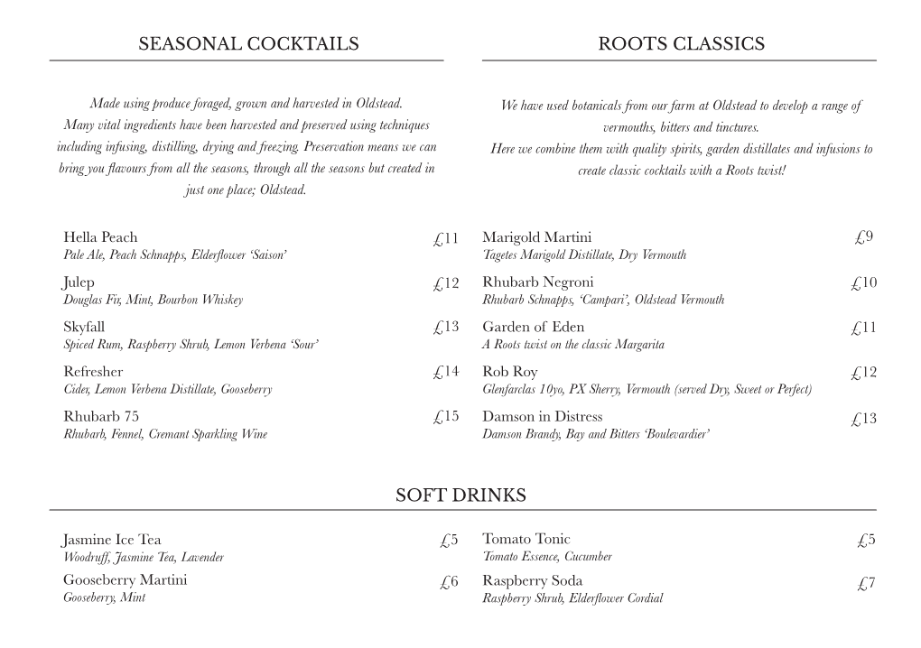 Soft Drinks Seasonal Cocktails Roots Classics