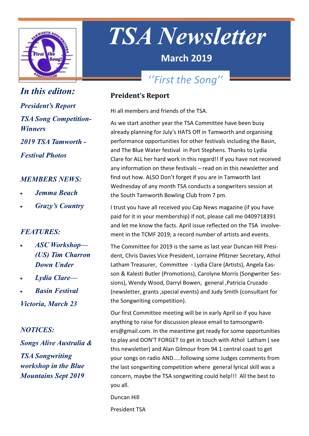 TSA Newsletter March 2019