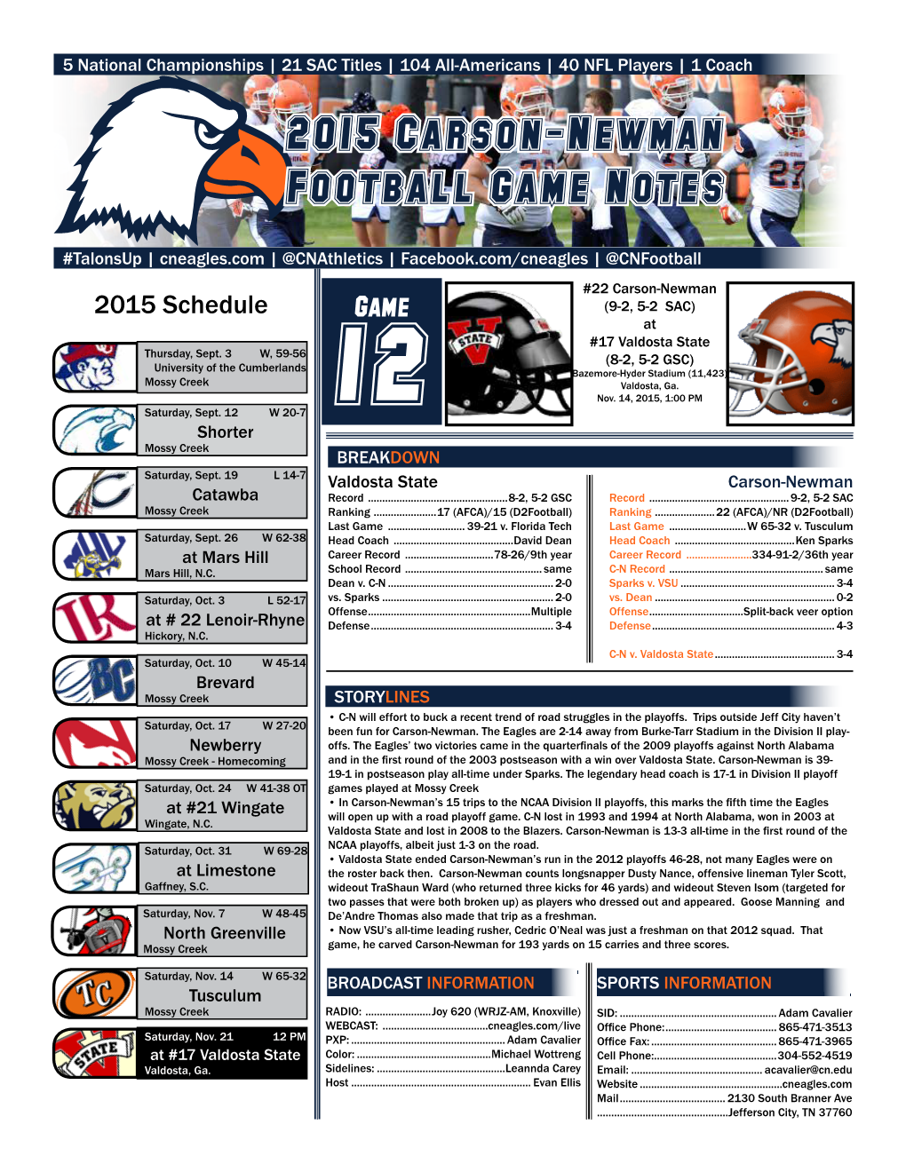 2015 Carson-Newman Football Game Notes