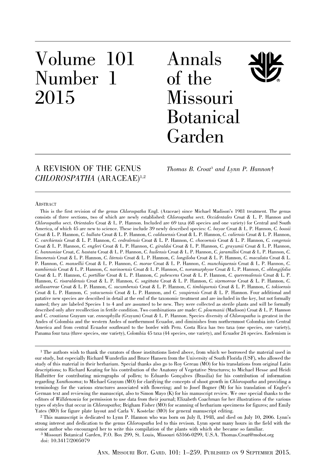 Volume 101 Annals Number 1 of the 2015 Missouri Botanical Garden