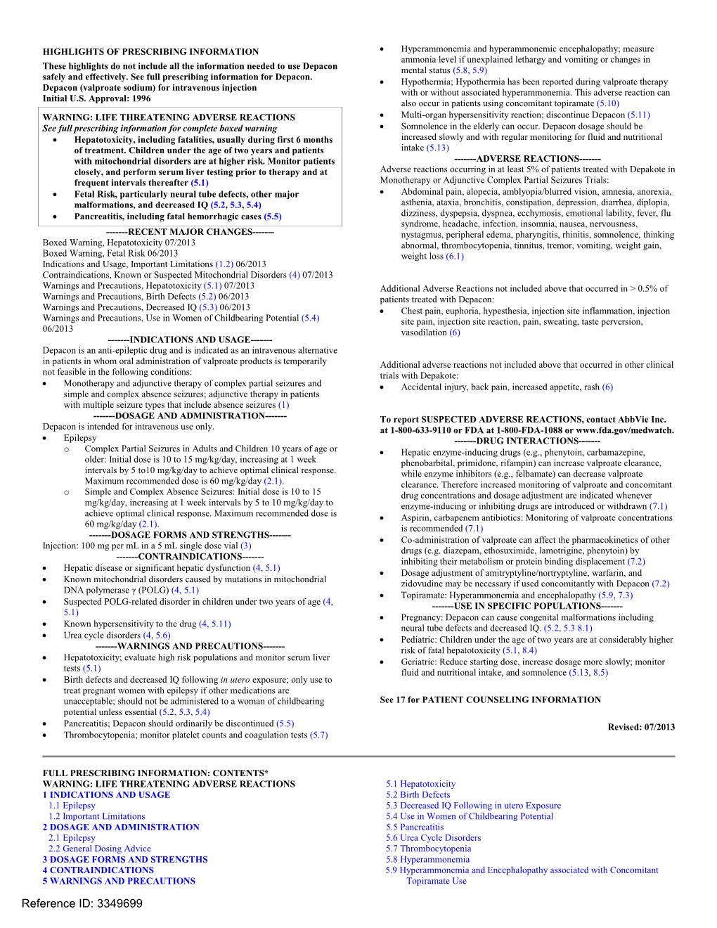 Valproate Sodium) for Intravenous Injection with Or Without Associated Hyperammonemia