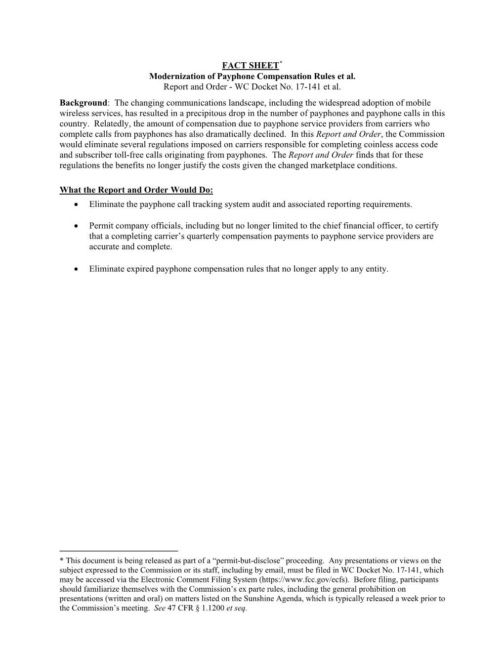 FACT SHEET Modernization of Payphone Compensation Rules Et Al