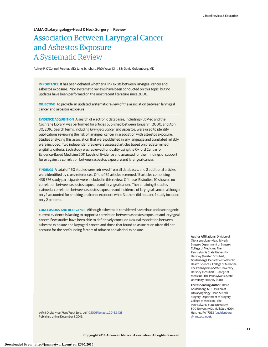 Association Between Laryngeal Cancer and Asbestos Exposurea