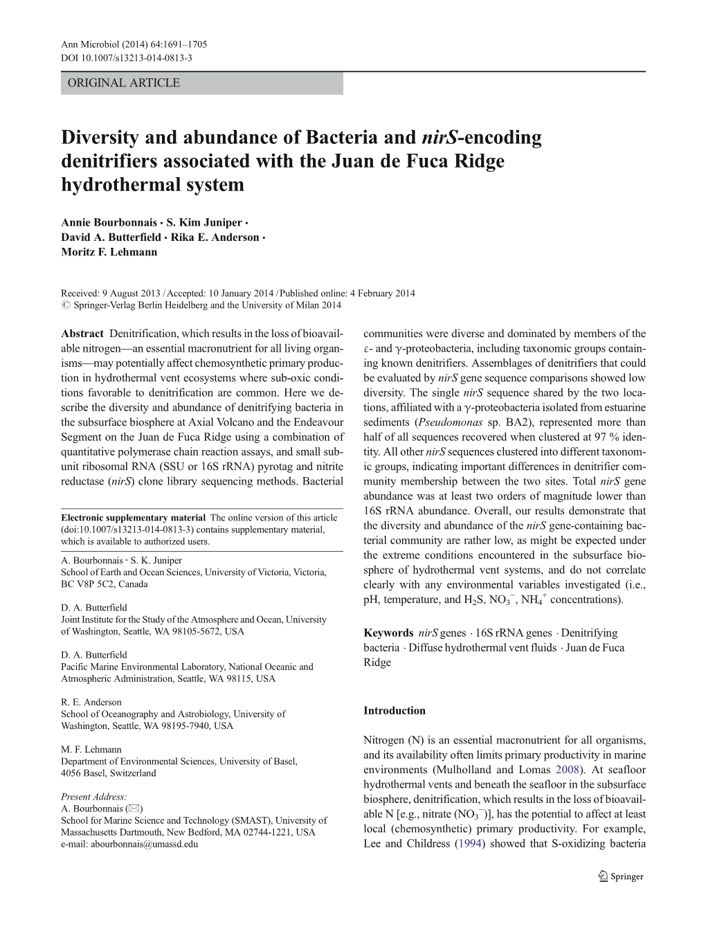 Diversity and Abundance of Bacteria and Nirs-Encoding Denitrifiers Associated with the Juan De Fuca Ridge Hydrothermal System