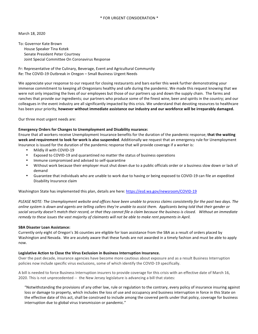 * for URGENT CONSIDERATION * March 18, 2020 To: Governor Kate Brown House Speaker Tina Kotek Senate President Peter Courtney