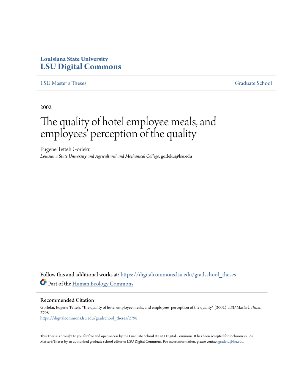 The Quality of Hotel Employee Meals, and Employees' Perception of The