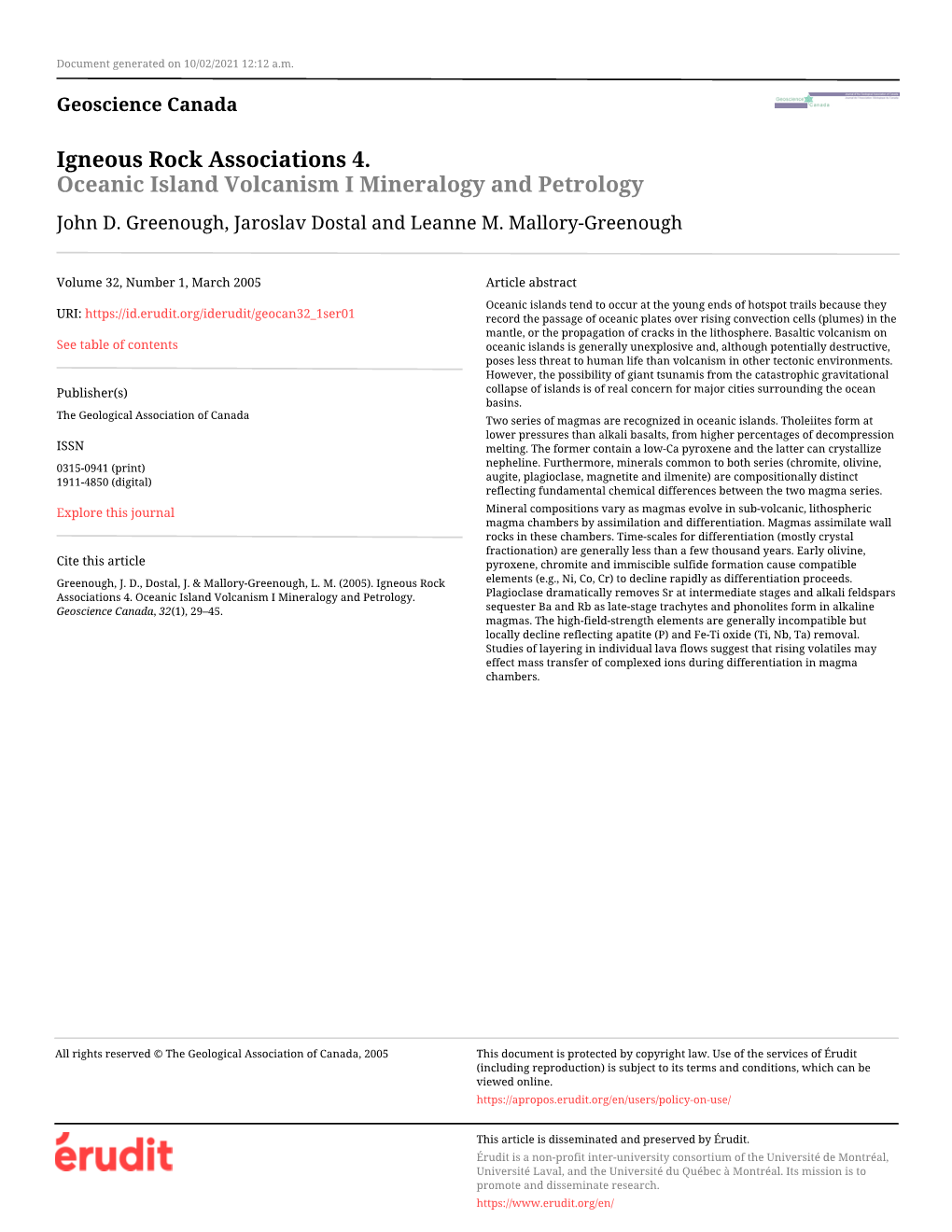 Igneous Rock Associations 4. Oceanic Island Volcanism I Mineralogy and Petrology John D