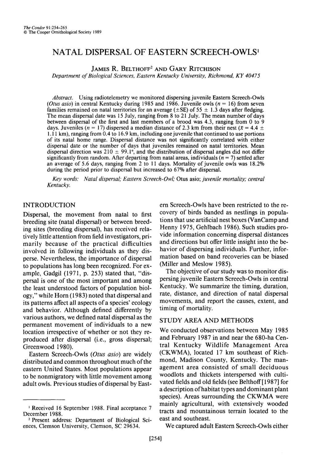 Natal Dispersal of Eastern Screech-Owls’