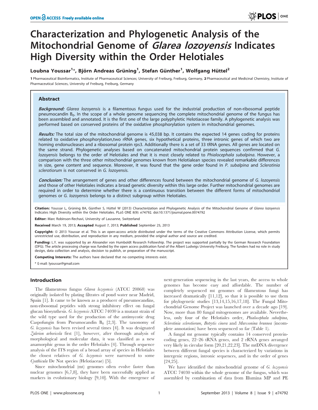 Characterization and Phylogenetic Analysis of the Mitochondrial Genome of Glarea Lozoyensis Indicates High Diversity Within the Order Helotiales