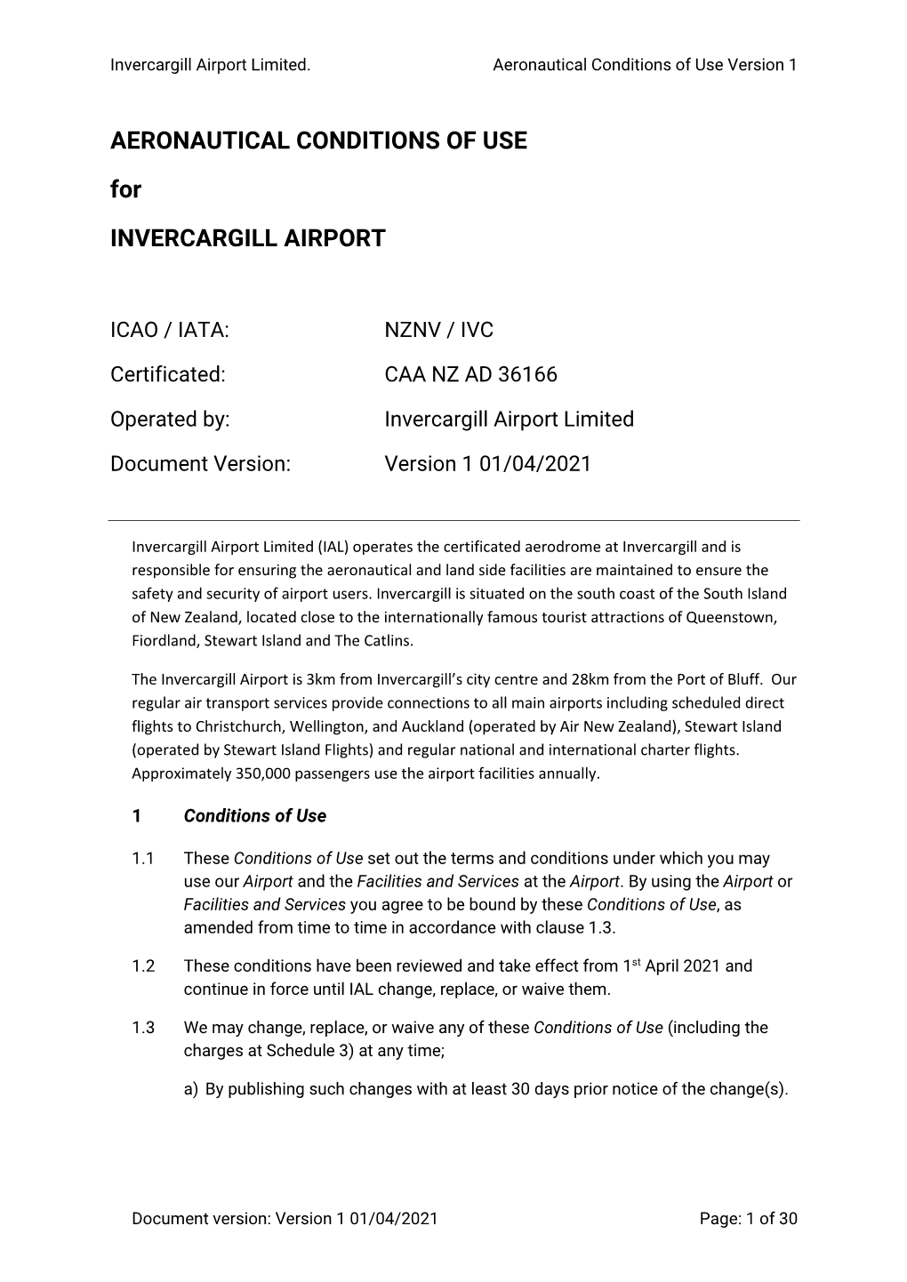 AERONAUTICAL CONDITIONS of USE for INVERCARGILL AIRPORT