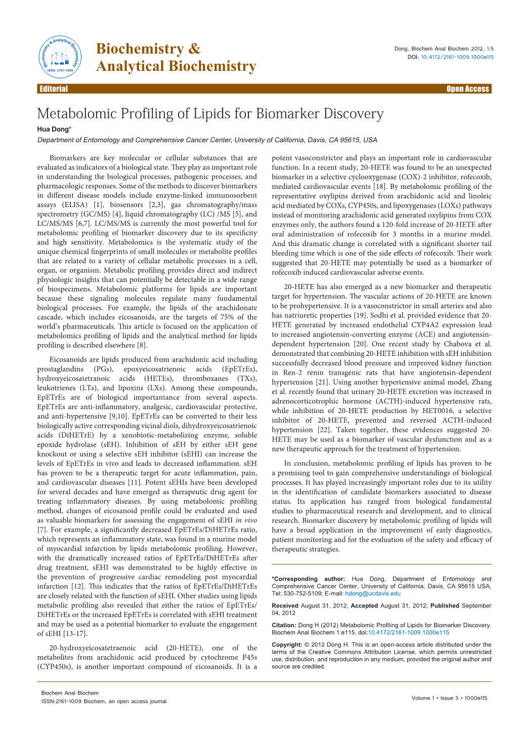 Metabolomic Profiling of Lipids for Biomarker Discovery