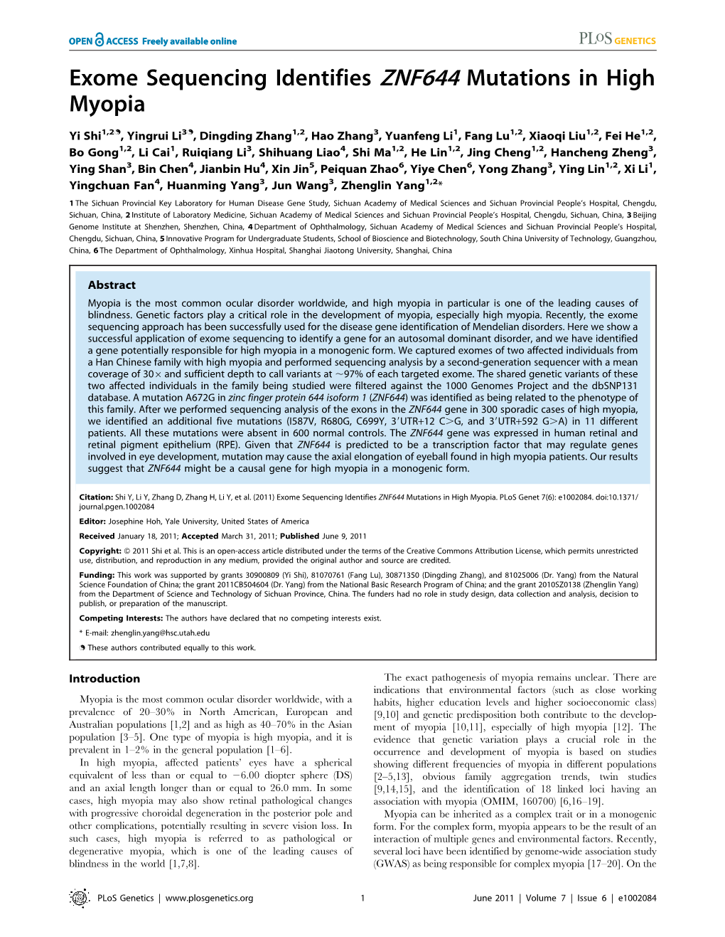 Exome Sequencing Identifies ZNF644 Mutations in High Myopia