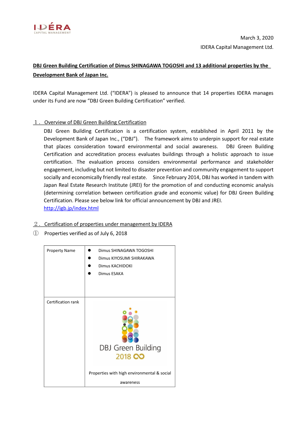 DBJ Green Building Certification of Dimus SHINAGAWA TOGOSHI and 13 Additional Properties by the Development Bank of Japan Inc