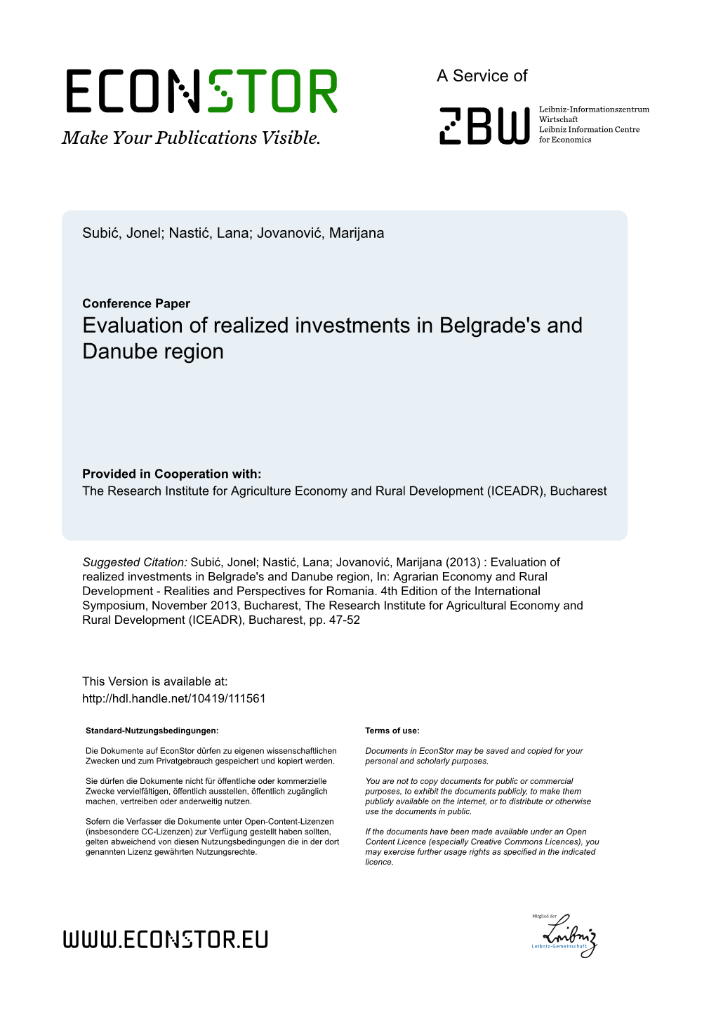 Evaluation of Realized Investments in Belgrade's and Danube Region