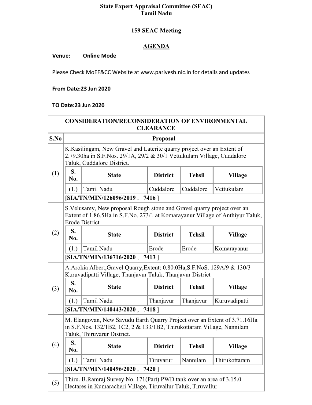 Tamil Nadu 159 SEAC Meeting AGENDA Venue