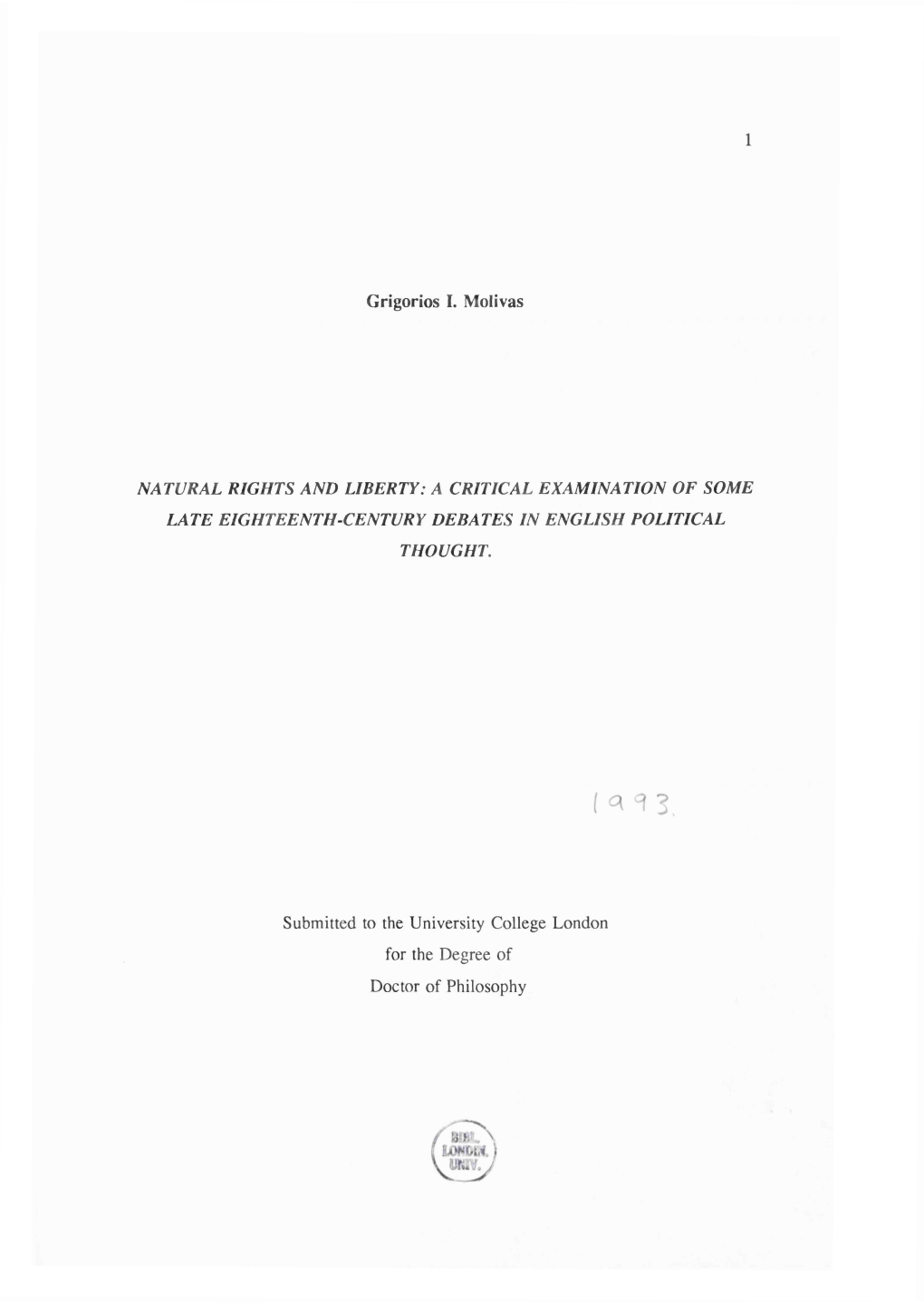 Natural Rights and Liberty: a Critical Examination of Some Late Eighteenth-Century Debates in English Political Thought