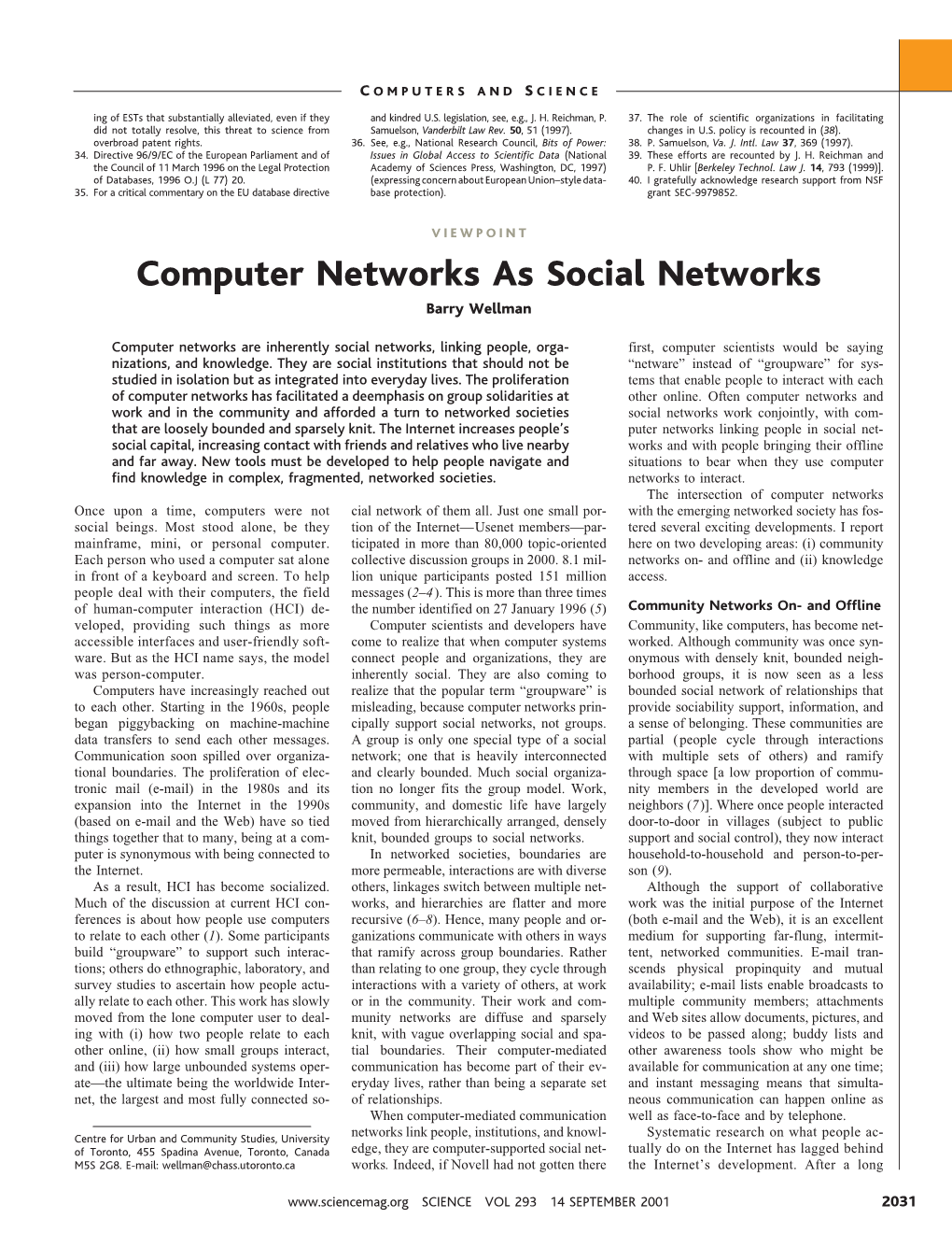 Computer Networks As Social Networks Barry Wellman