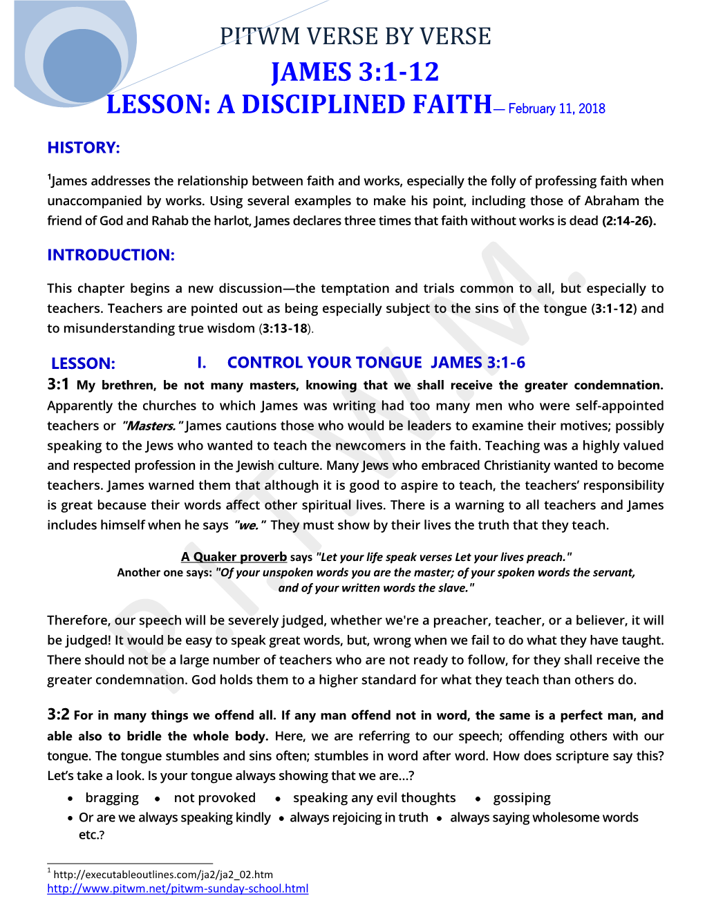 JAMES 3:1-12 LESSON: a DISCIPLINED FAITH— February 11, 2018