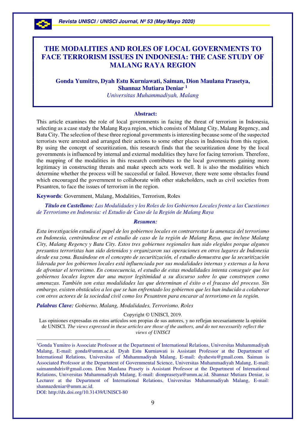 The Modalities and Roles of Local Governments to Face Terrorism Issues in Indonesia: the Case Study of Malang Raya Region