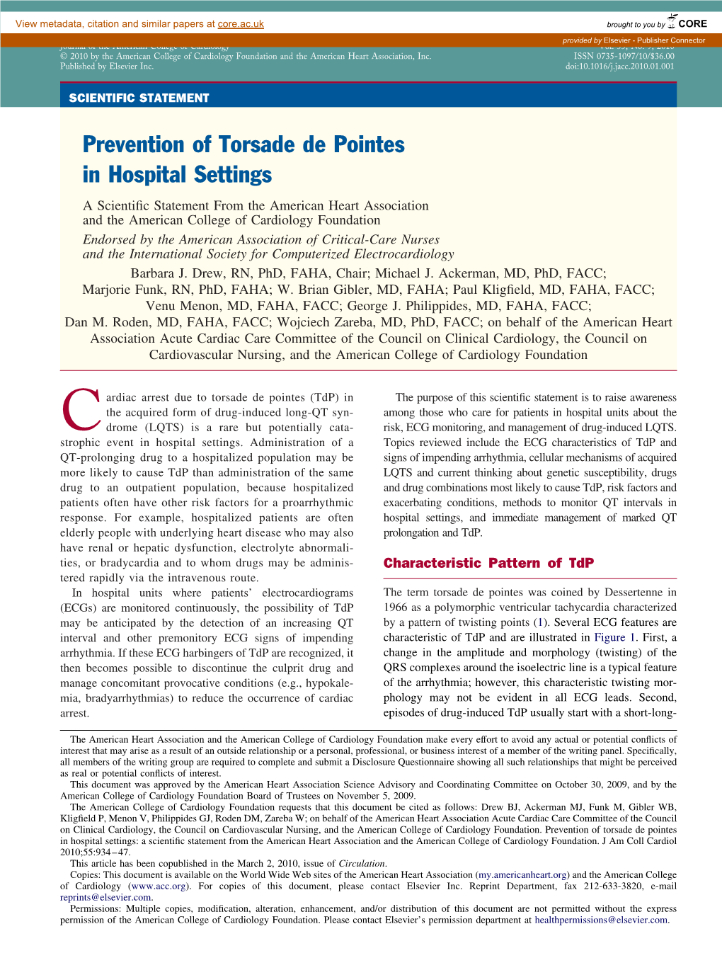 Prevention of Torsade De Pointes in Hospital Settings