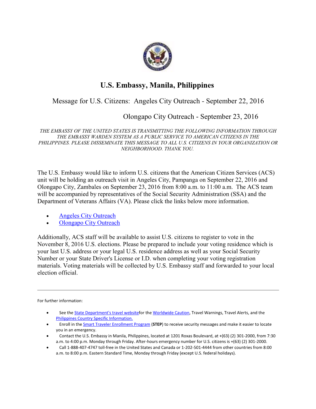 Message for U.S. Citizens: Angeles City Outreach - September 22, 2016