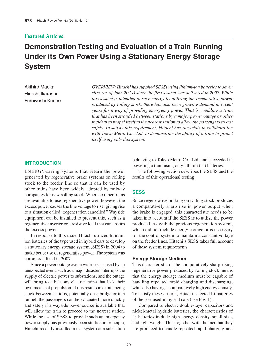 Demonstration Testing and Evaluation of a Train Running Under Its Own Power Using a Stationary Energy Storage System